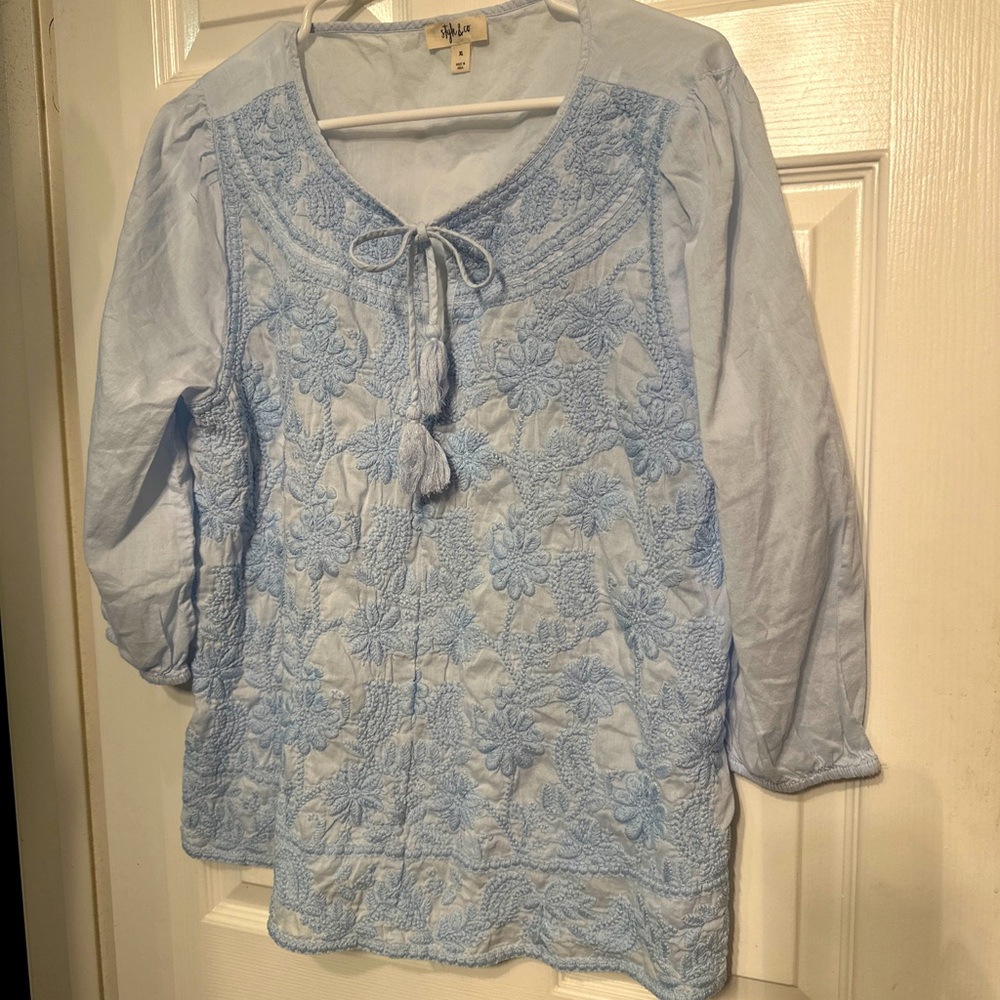 style co Size XL Women Top Blue Boho Embroidery Cotton Summer Peasant Top